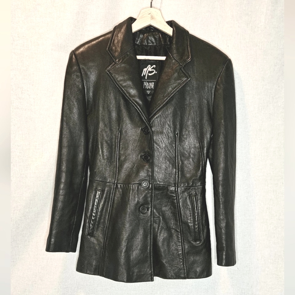 Ms. Maxima black leather coat mid-length trench size women's M